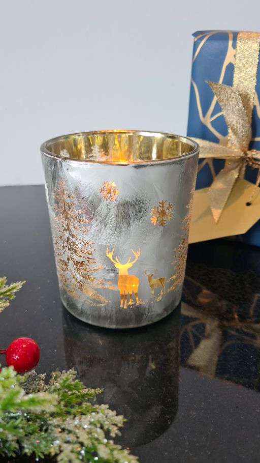 Plymouth Glass Gallery Christmas decoration gift glass medium candle holder lantern for tea light white gold deer in snowy forest