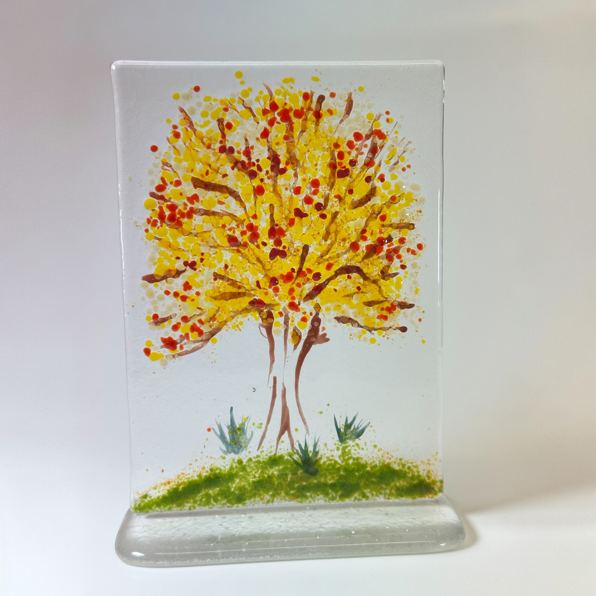 Brown/Red Autumnal Fused Glass Tree Handmade And Mounted On Stable Glass Base