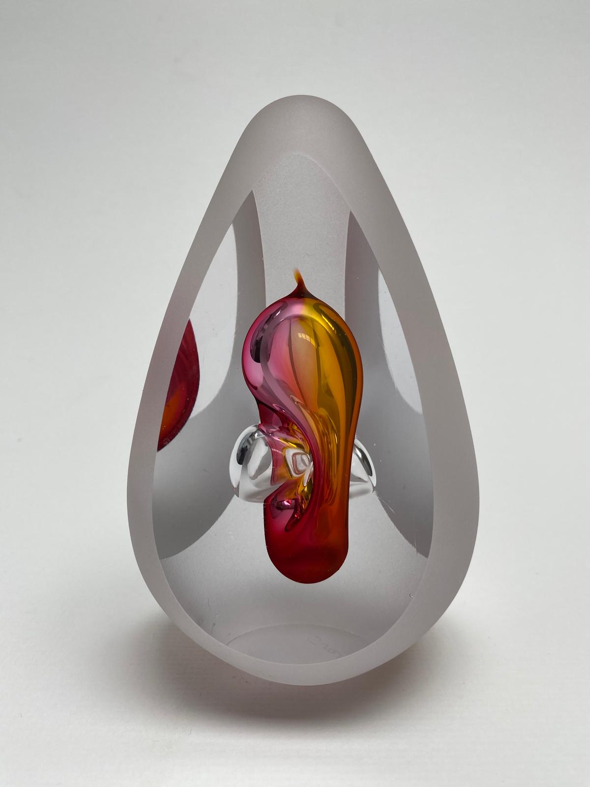Clearance - Handmade 3-Sided Sandblasted Glass Amber/Pink Split Bubble Paperweight